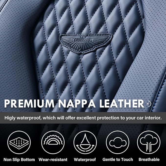 Coverado Seat Covers, Car Seat Covers Full Set, Blue Car Seat Cover, Car Seat Covers Front Seats Back Seat Cover, Waterproof Car Seat Cushion,Leather Seat Covers Seat Protector Universal Fit Most Cars