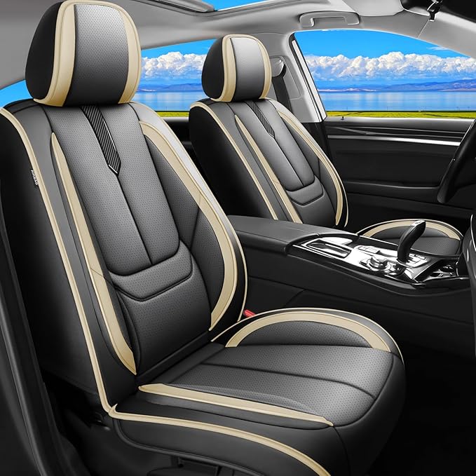 Fit Accord Car Seat Covers for Honda Accord 2003-2024 2025 2026 -Upgraded Premium Waterproof & Breathable Leather,Airbag Compatible,All-Weather Seat Cushion Protector,2 Front/Black-Beige