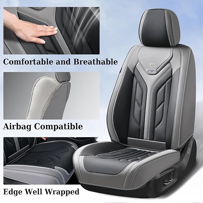 Coverado Car Seat Covers Full Set, Automotive Seat Covers Car Seat Protector Car Seat Cushion, Waterproof Leather Seat Covers for Cars, Universal Fit for Most Sedans SUV Pick-up Truck(Gray&Black)
