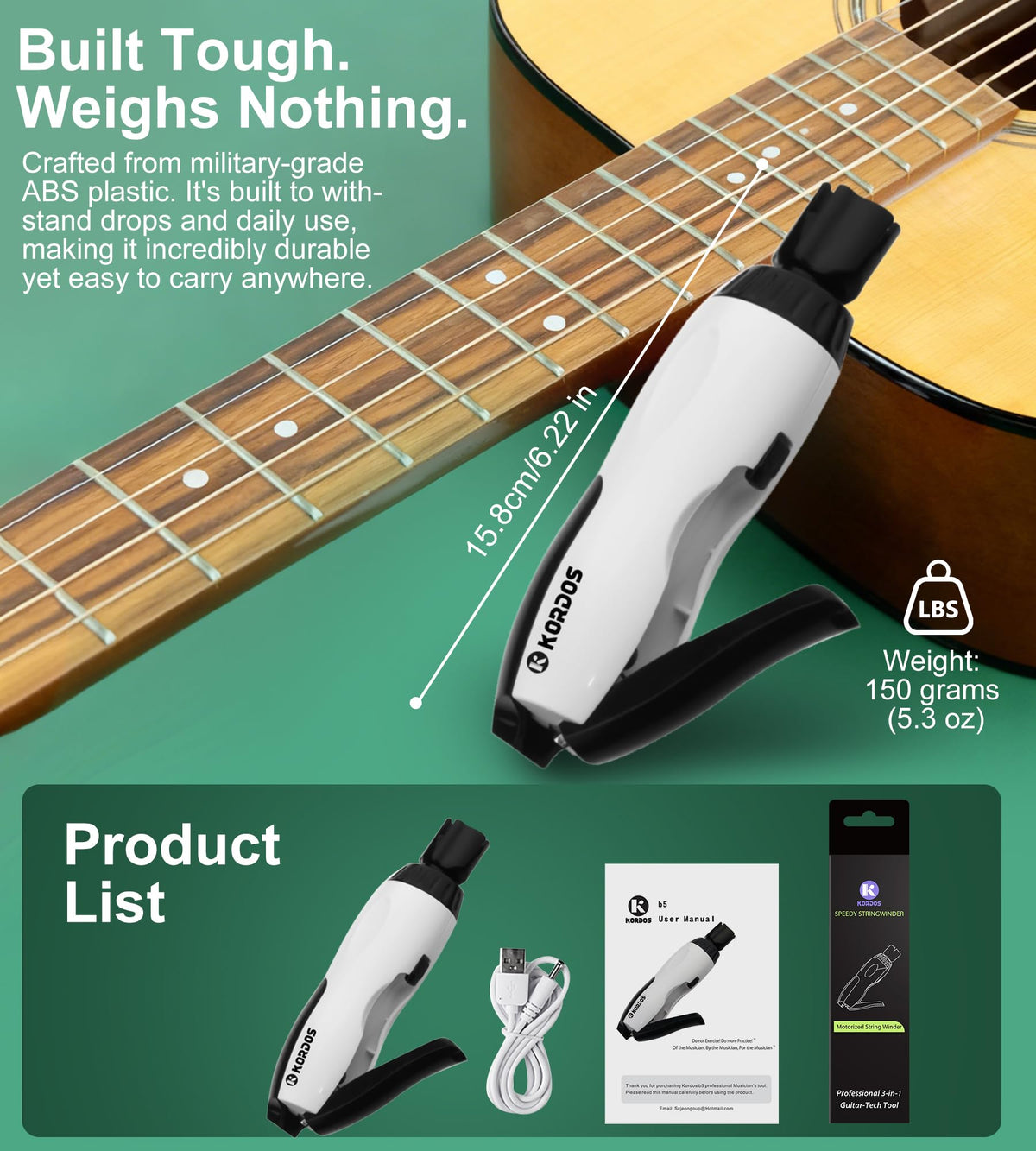 KORDOS Guitar String Winder Tool Electric for Electric Gutiar, Rechargeable