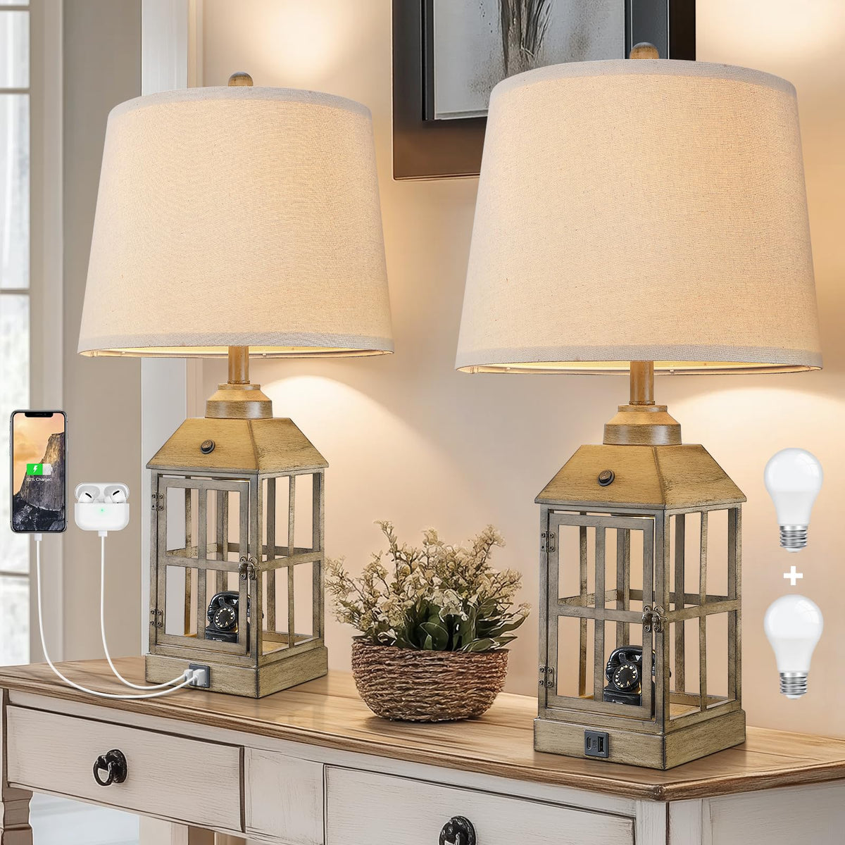 Lovlast 25" Farmhouse Table Lamps Set of 2 for Bedroom Living Room (Wood)