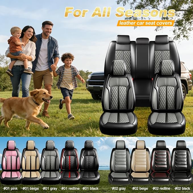 Fit Ridgeline Car Seat Covers for Select Honda Ridgeline 2007-2026 - Premium Full Coverage Leather, Airbag Compatible, Waterproof & All Weather Seat Cushion Protector, Full Set, Black+Gray