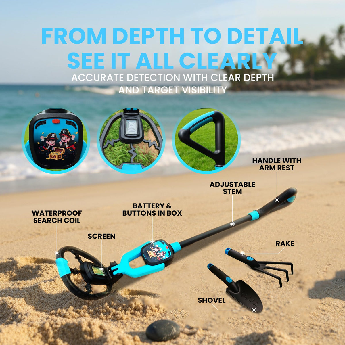 RIPTIC Metal Detector for Kids – Lightweight Kids Metal Detector with Adjustable Stem, LED Depth Display, Waterproof Search Coil, Shovel, Rake & Carry Bag – Outdoor Treasure Hunting Kit