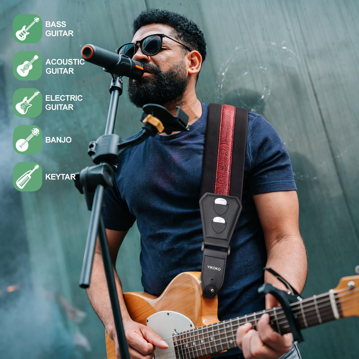 YIKOKO Bass Guitar Straps for Electric Guitar & Bass 3.6" Wide Padded Straps, Adjustable, Retro Vegan Leather Design with Sponge Filled Foam Pad, with 4 Picks and 2 Strap Locks