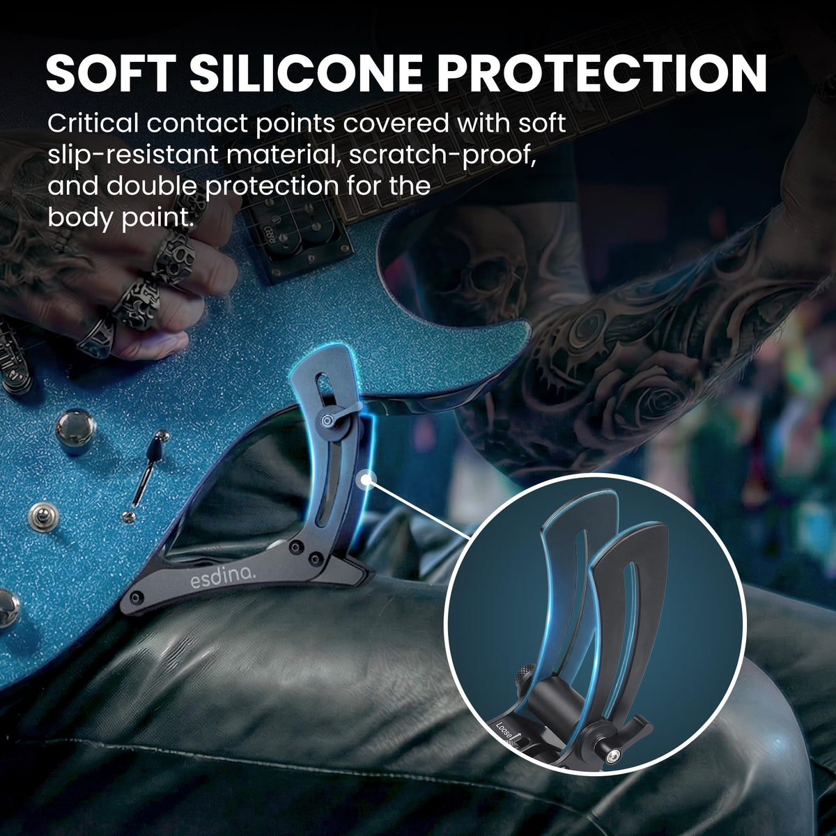 Esdina Electric Guitar Leg Rest, Ergonomic Thigh Support, Adjustable Foot Rest Stand, Soft Silicone Protection, Aluminum Alloy, Fits 1.46“ - 2.17“ in Guitar Body Thickness