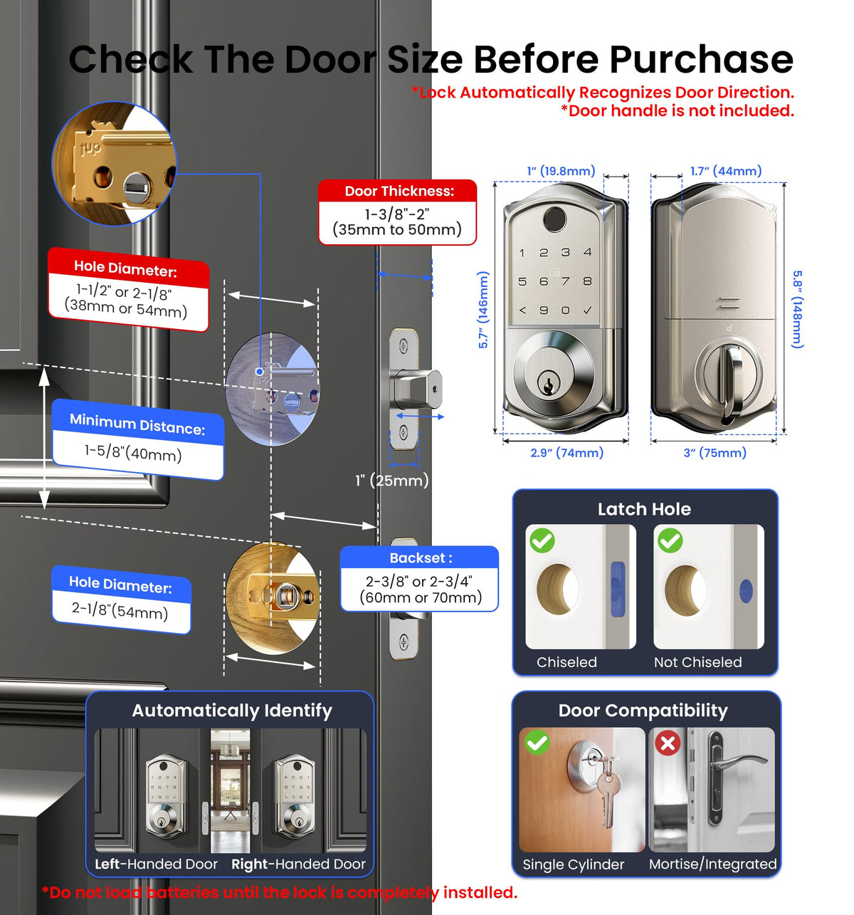 Veise VE017 Fingerprint Smart Door Lock with App Control, Satin Nickel