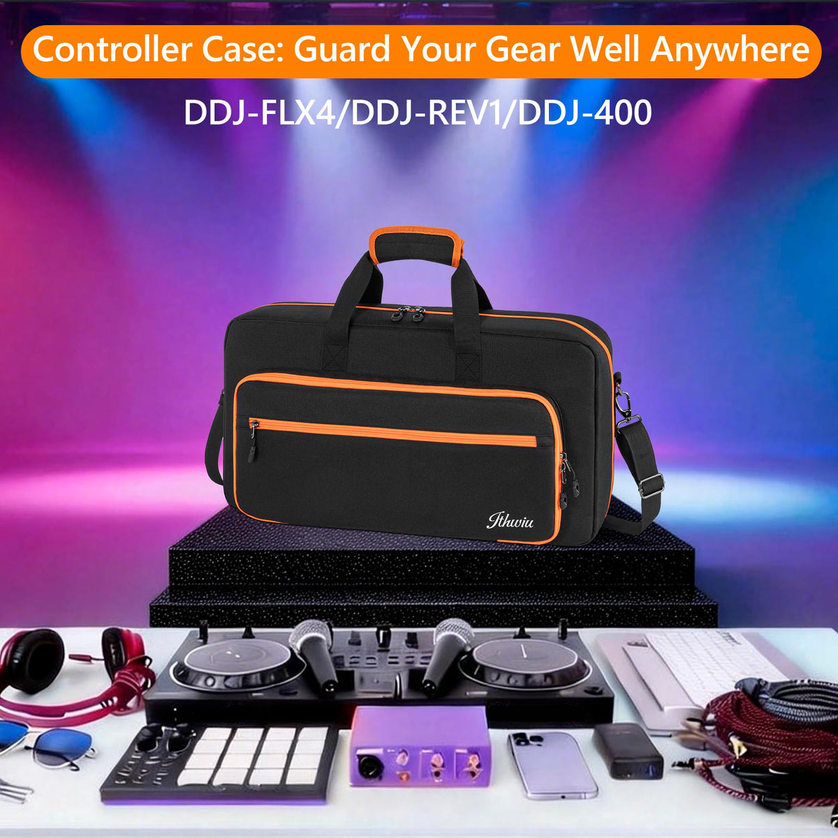 ITHWIU Padded DJ Controller Case Compatible with DDJ FLX4/DJ 400/DDJ REV1, DJ Carrying Bag with 5-Pocket fits up to 15.6'' Laptop, Headphones, Cables, with Adjustable Shoulder Strap, 21.5"x11.8"x2.5"