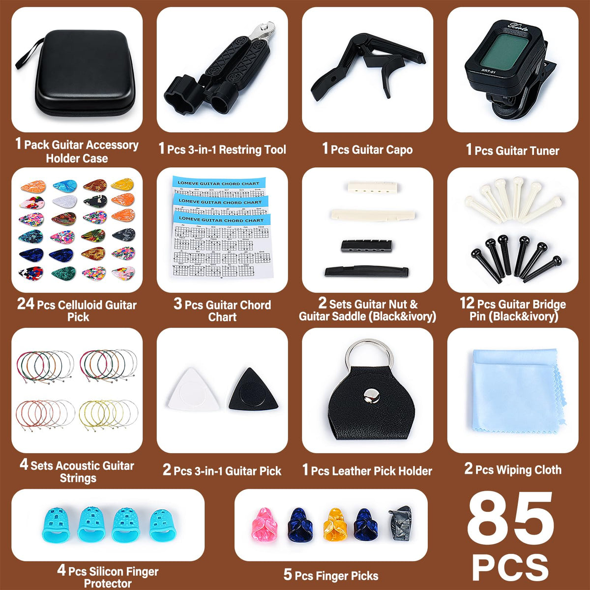 LOMEVE 85PCS Guitar Accessories Kit Holder Case Include Acoustic Strings, Tuner, Capo, 3-in-1 Restring Tool, Picks, Pick Holder, Bridge Pins, Nuts & Saddles, Finger Protector, Chord Chart