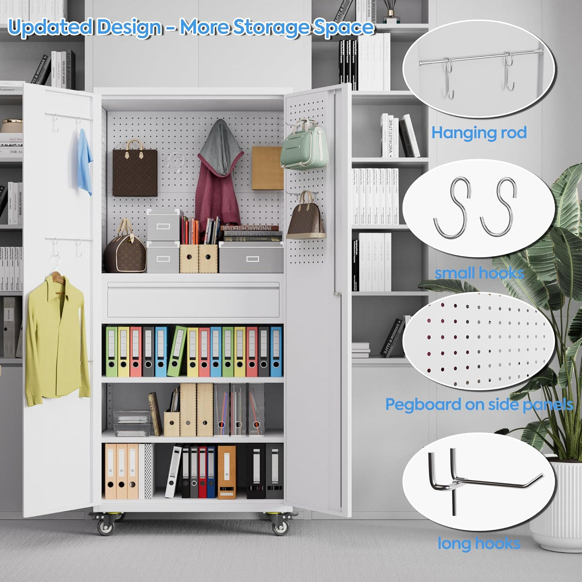 71" H Garage Storage Cabinet with Locking Doors and 2 Adjustable Shelves, Metal Tool Storage Cabinet with Wheels, Drawer, Pegboard and 16 Hooks for Garage, Warehouse, White