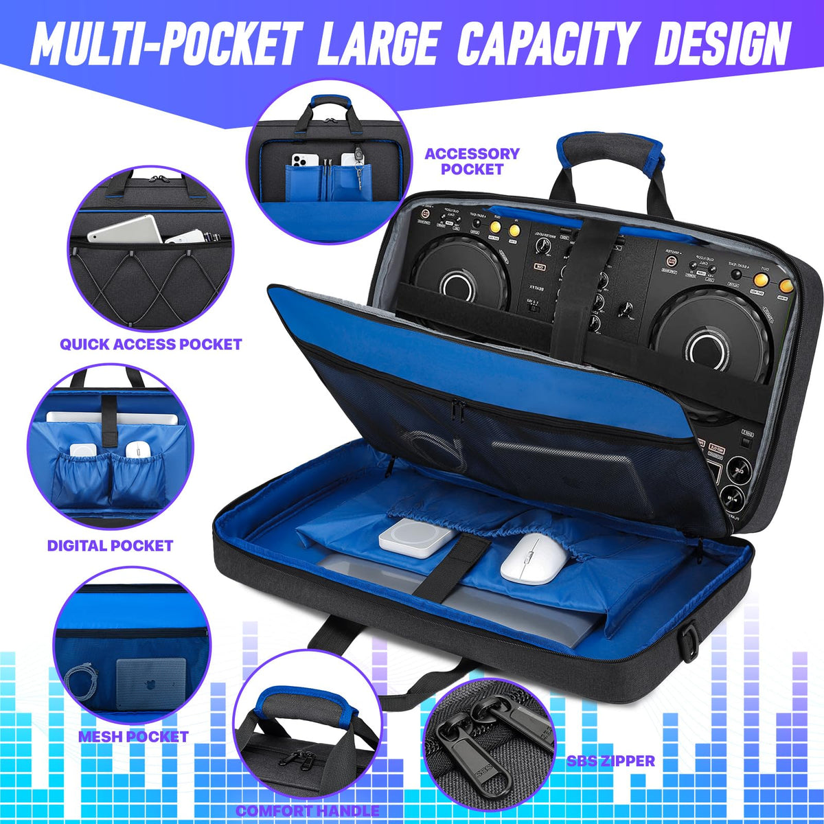 aocrin DJ Bag for DDJ-FLX4/DDJ 400/DDJ REV1, Padded DJ Controller Crossbody Bag with 4 Pockets, for 15.6 Inch Laptop, Cables, DJ Mixer Case with Adjustable Shoulder Strap for DJ Equipment