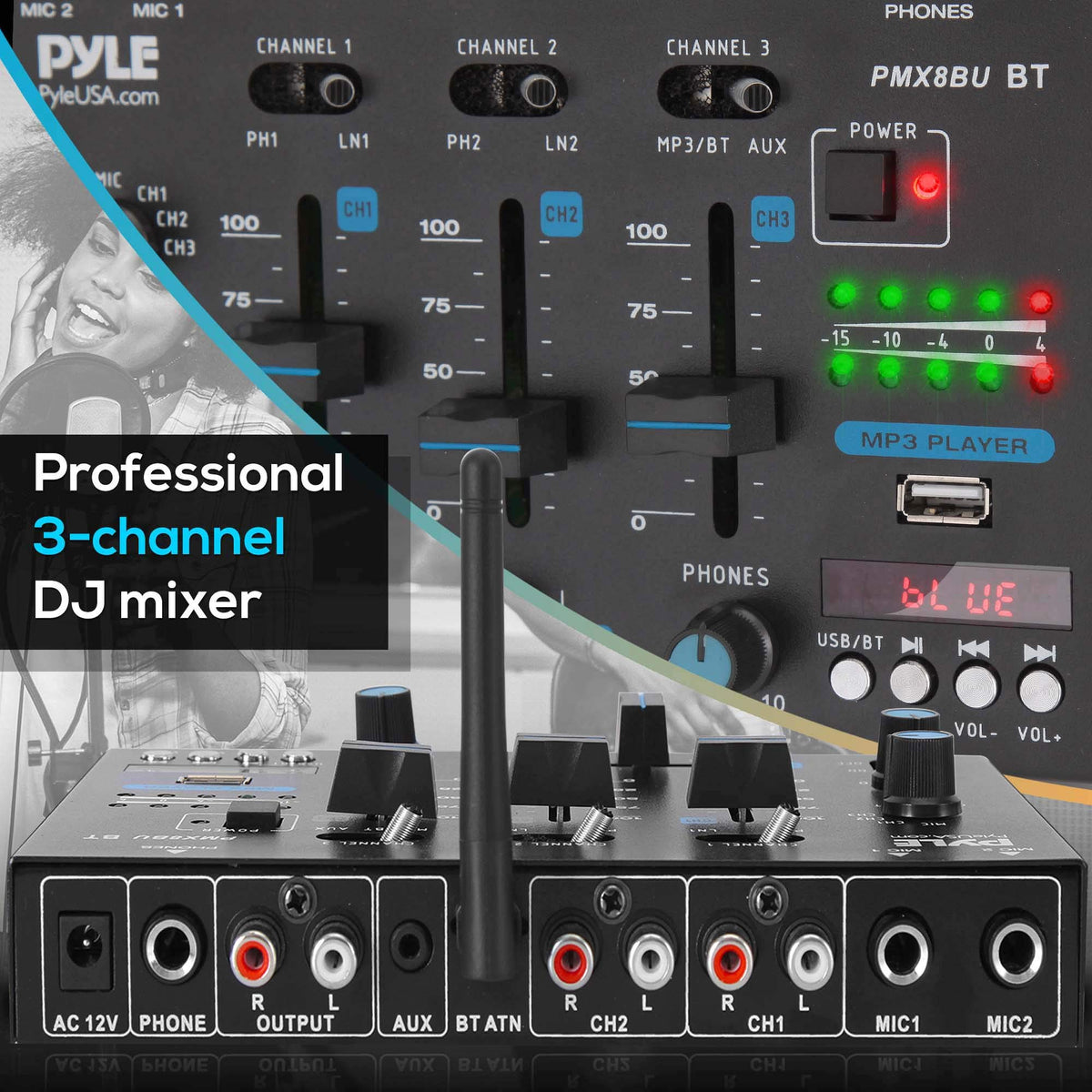 Pyle 3-Channel Professional DJ Mixer w/ Bluetooth - Dual Balanced Mic Inputs w/ Talkover, USB-A MP3 Player, Phono/Line In, CUE Monitor, Crossfader, LED Display for Mobile DJ, Karaoke, Events - PMX8BU