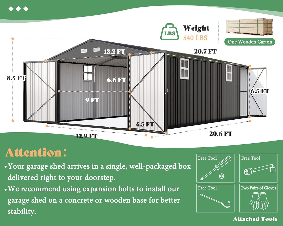 AMERLIFE 13.2x21x8.4 FT Outdoor Metal Garage Shed, Extra Large Storage Shed with Double Hinged Doors, 4 Windows, Carport for Car, Truck, Bike and Lawn Equipment, Dark Grey