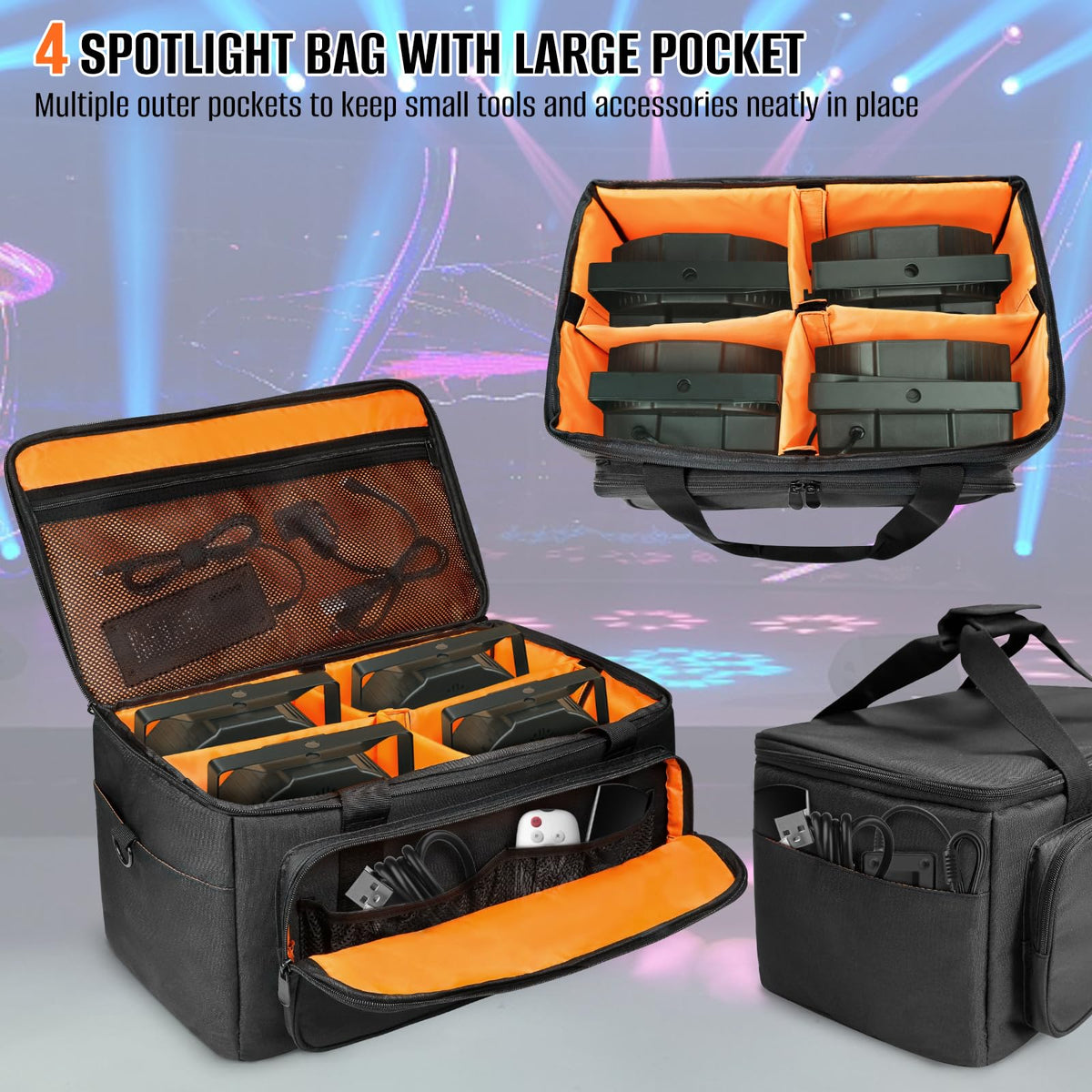 ORKELS 3/8'' Padded PAR Light Bag for 4 Lights, Stage Lighting Carry Case