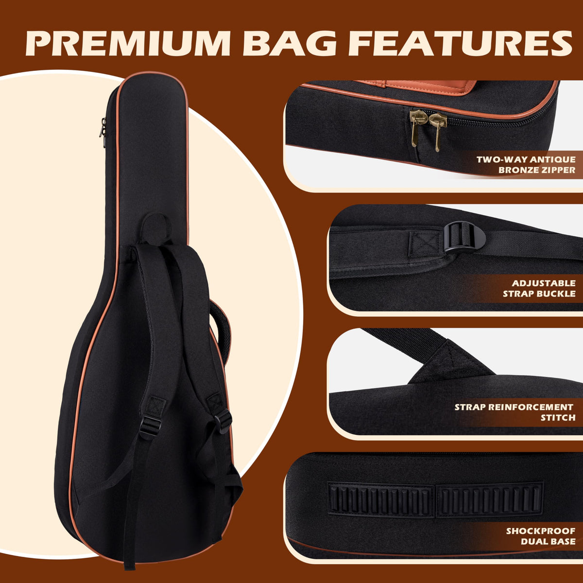 PPOPPO 39/40" Electric Guitar Bag 0.5" 300D Waterproof PU Punk Rivet Style