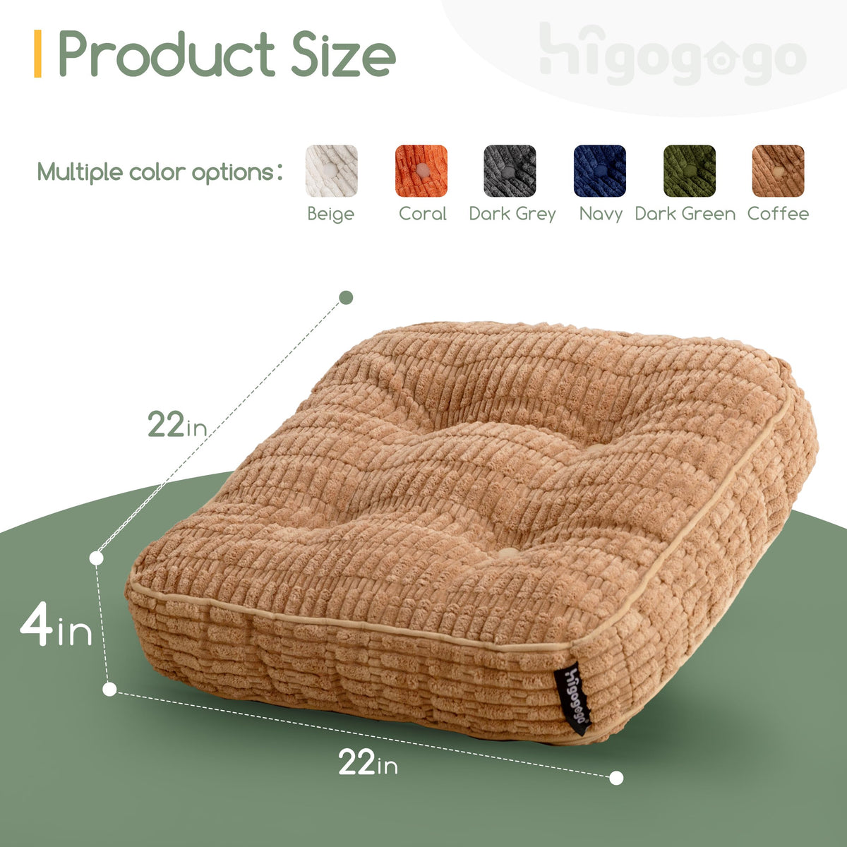 HIGOGOGO Floor Pillow Cushion for Adults, Meditation Cushion Pillow, Blended Corduroy Cover, Large Square Floor Sitting for Tatami Living Room or Yoga, 22x22 Inch, Coffee