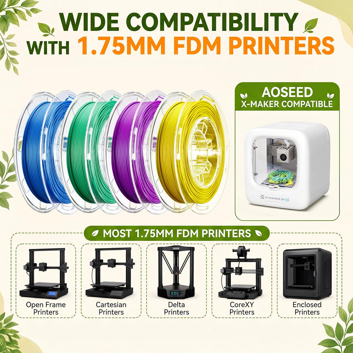 AOSEED PLA Filament Set 1.75mm (±0.02mm), 4-Pack, 200 g (0.44 lb) per Spool