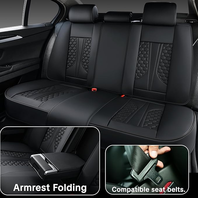 Black Leather Car Seat Covers - Luxury Waterproof Car Seat Covers with Lumbar Support, Non-Slip Base, and Airbag Compatibility; Suitable for Sedans, Suvs, and Pickups.
