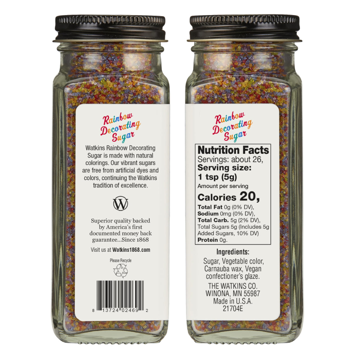 Watkins Rainbow Decorating Sugar (No Artificial Dyes), Non-GMO, Kosher, 4.6 Ounce, 1-Pack