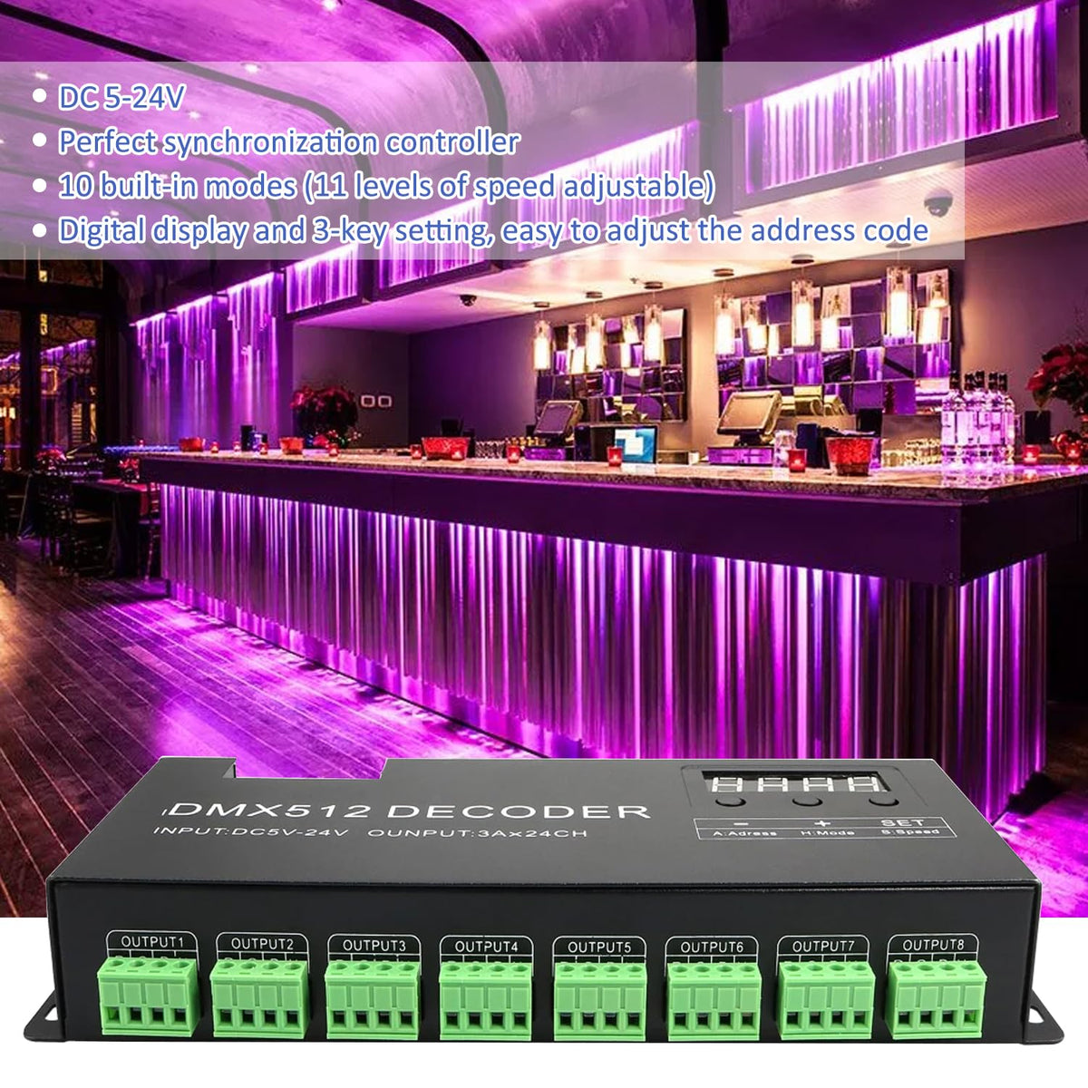 24 Channel DMX Decoder Controller with Digital Display, Dimming Driver DMX512 LED Controller for RGB Strip Light, DC5V-24V 3A/CH