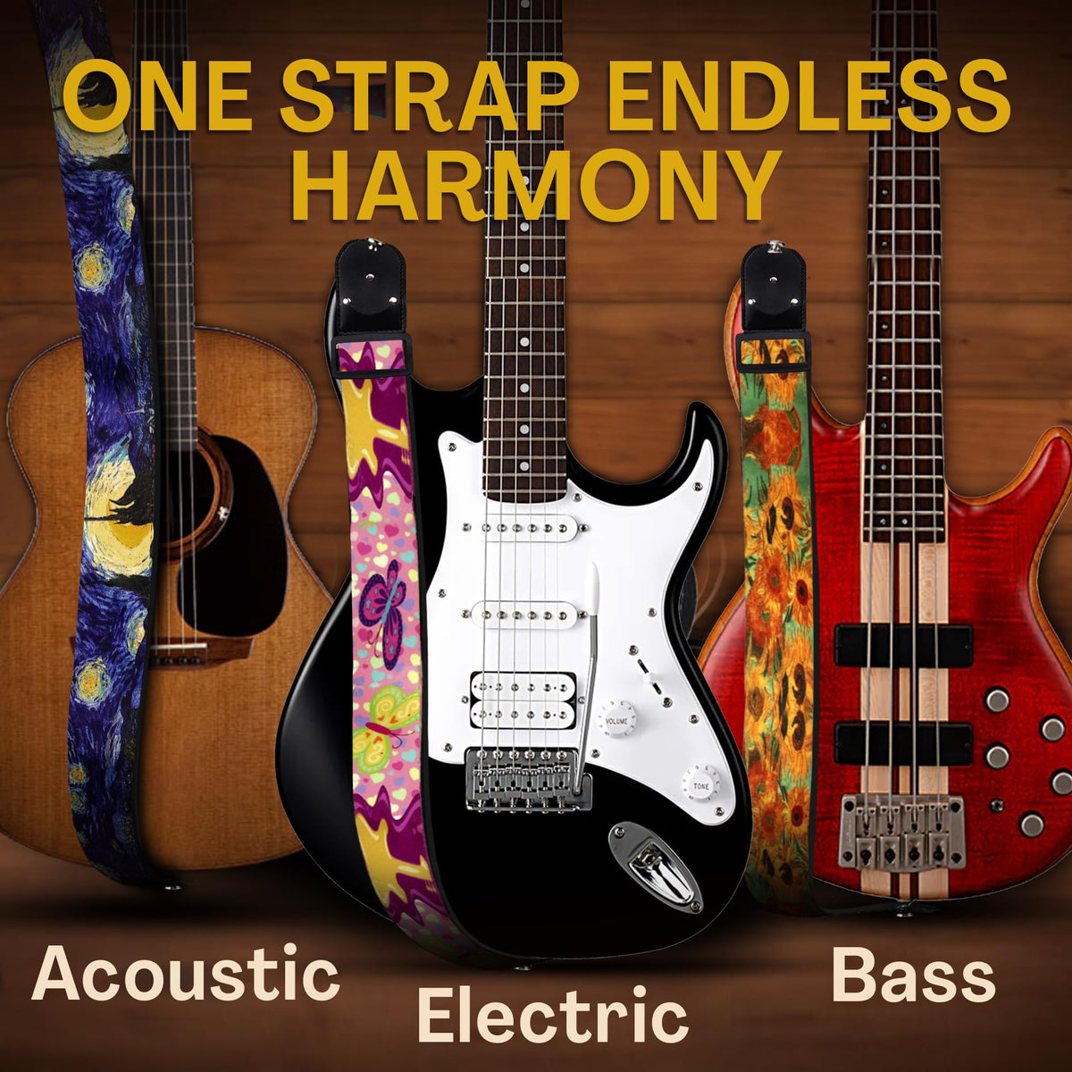 Art Tribute Guitar Strap For Acoustic, Electric and Bass Guitars, Adjustable Padded Leather Ends Guitar Straps For Men and Women, Includes 2 Picks, Strap Locks and Strap Button