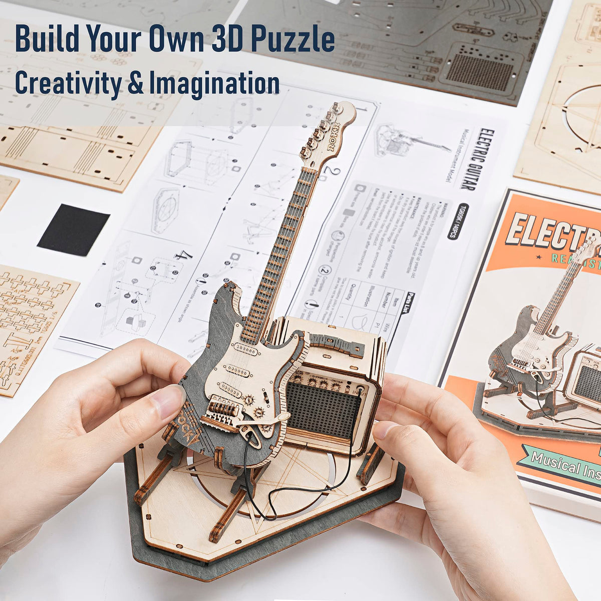 ROKR Toy Guitar DIY Kit,STEM Projects for Kids 8-12,Model Kits for Adults,3D Wooden Puzzles for Adults and Kids