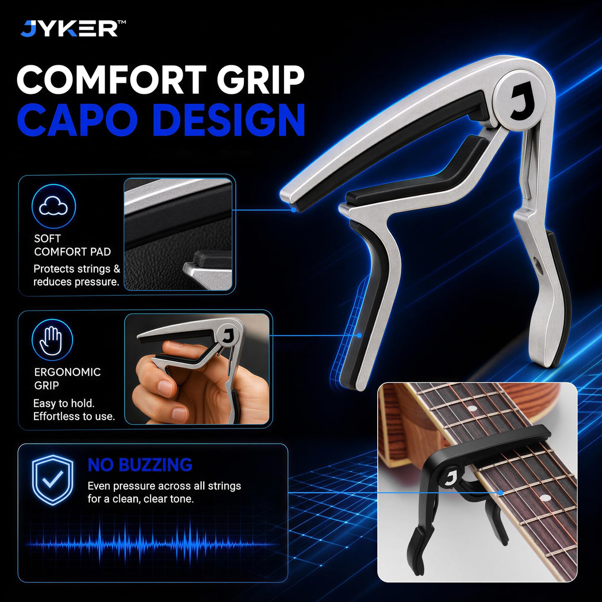 JYKER Guitar Accessories Kit - Guitar Capo, Guitar Picks, Guitar Strap, Pick Holder, 2-in-1 Pick Tuner for Acoustic, Electric, Bass Guitar & Ukulele, Rosewood