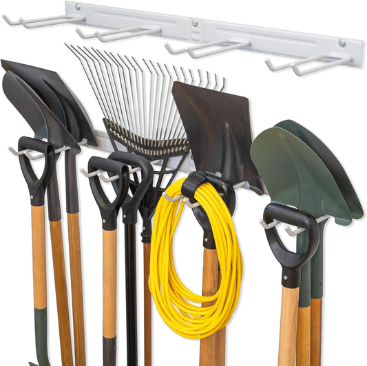 StoreYourBoard Wall-Mounted Rack With 4 Garage Hooks – Heavy-Duty Steel Holder Garage & Garden Storage for Shed, Workshop, or Home Organization – For Rakes, Shovels, Tools & More – 2 Pack, Gray