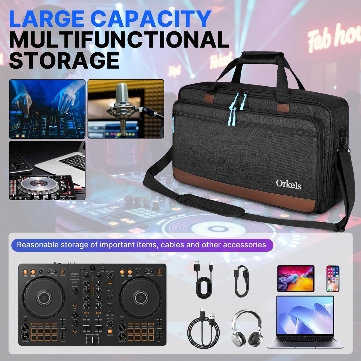 ORKELS DJ Controller Bag, Portable Padded DJ Travel Case with Storage Pocket, Compatible with Pioneer DDJ-400 SB3 SB2 RB FLX4 REV1 DJ2GO2 Party Mix