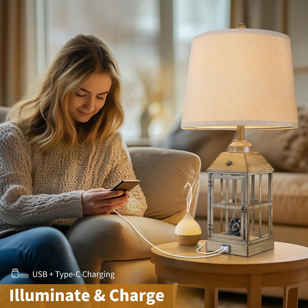Lovlast 25" Farmhouse Table Lamps Set of 2 for Bedroom Living Room (Wood)