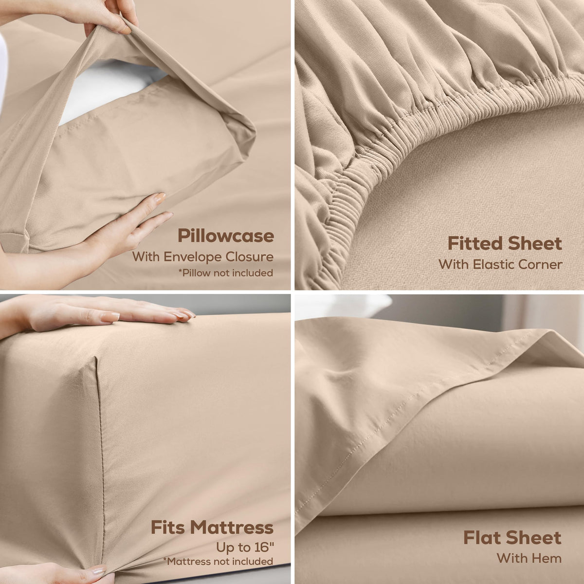 Queen Sheets Set, 4 Pieces 16" Deep Pocket Hotel Luxury Bed Sheets, Beige