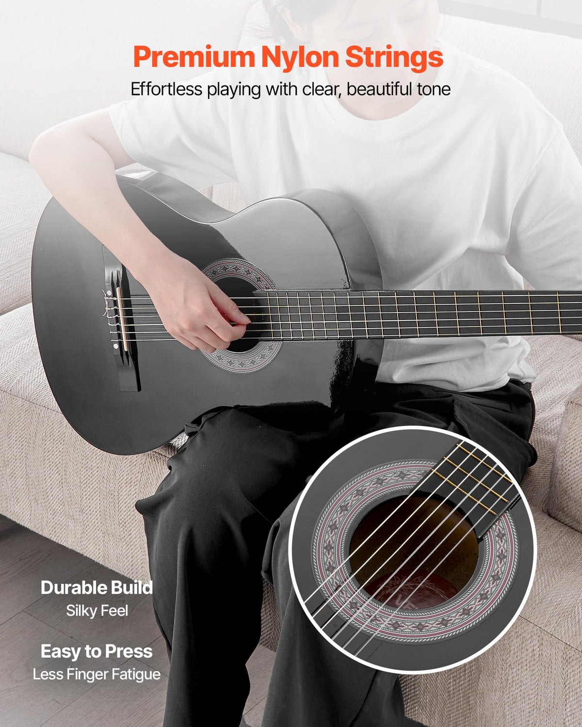 VEVOR Classical Guitar, 38 Inch, Wood Classical Guitar Starter Kit for Beginners, with Nylon Strings, Gig Bag, Strap, Tuner, Extra Strings, Picks, Capo, Basswood, for Teenagers Adults Students, Black