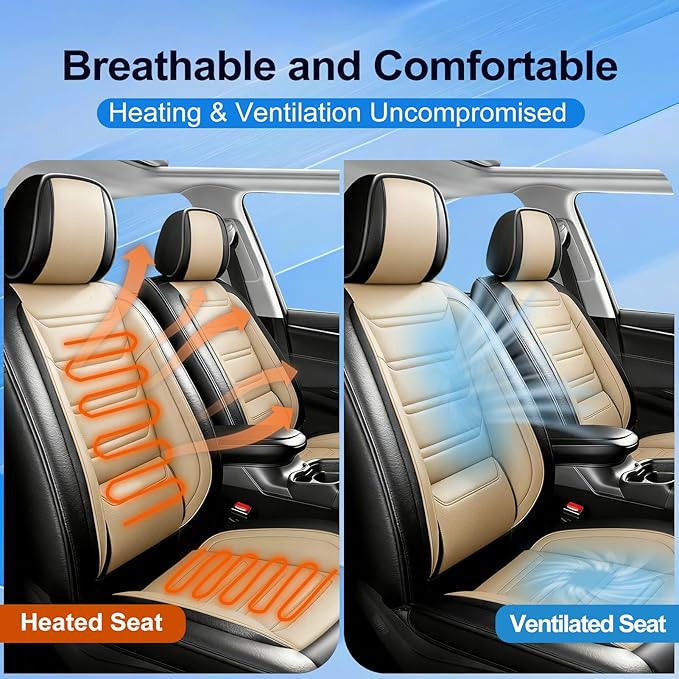 Fit Ridgeline Car Seat Covers for Select Honda Ridgeline 2007-2026 - Premium Full Coverage Leather, Airbag Compatible, Waterproof & All Weather Seat Cushion Protector, Full Set, Black+Beige