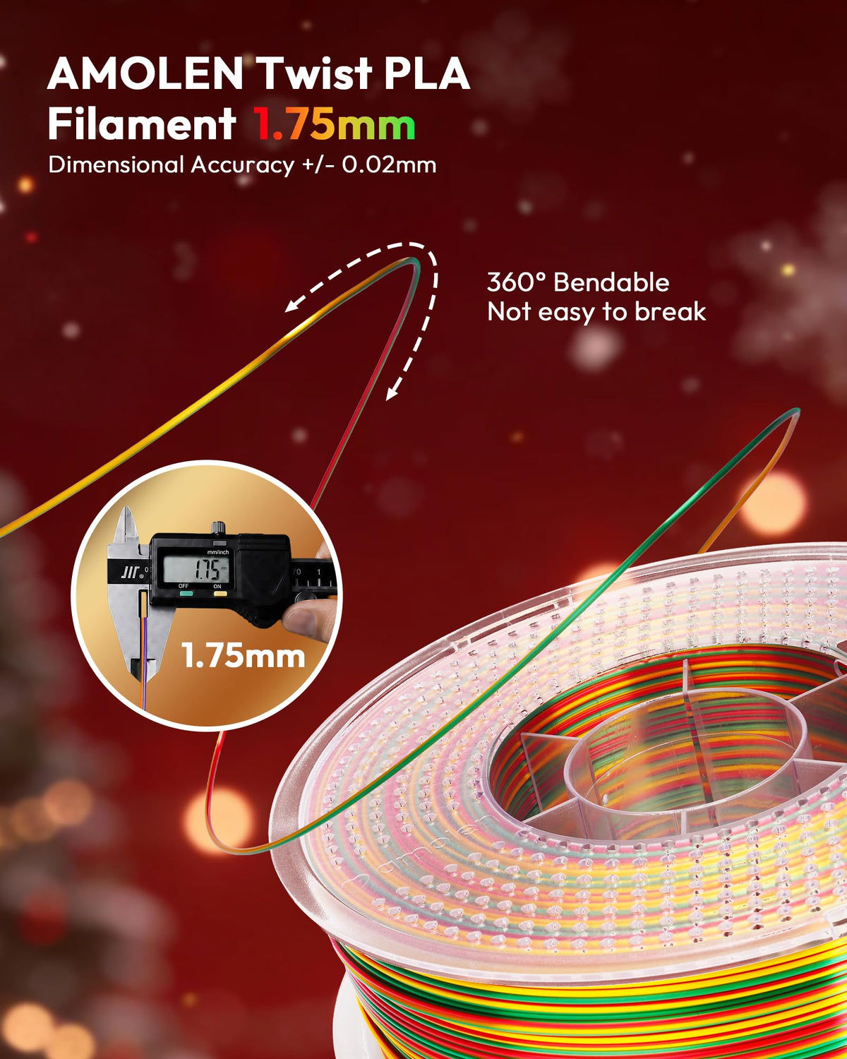AMOLEN Silk PLA 3D Printer Filament, Gold Red Green for Christmas, 1kg