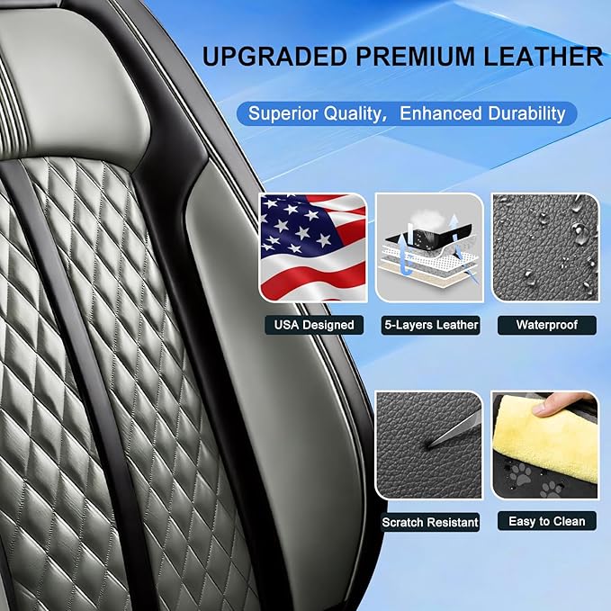 Fit Insight Car Seat Covers for Honda Insight 2010-2022 Premium Leather, Airbag Compatible, Scratch-Resistant, Waterproof All Weather Seat Protector, Airbag Compatible, Full Set, Black+Gray