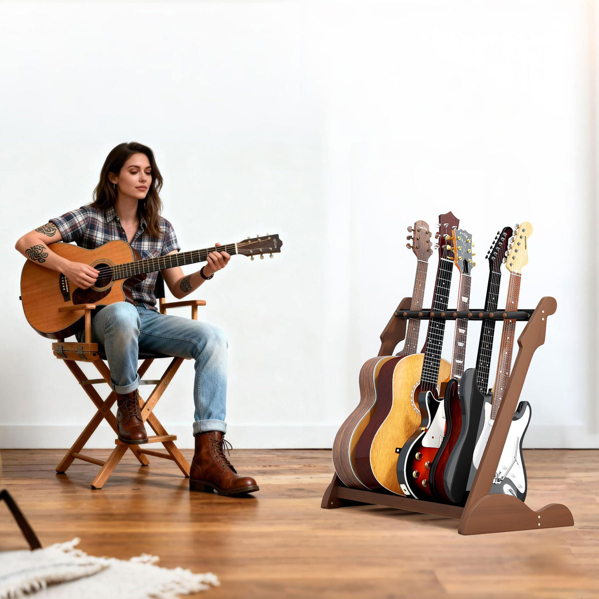 Bamboo Multi Guitar Stand, Guitar Rack for Multiple Guitars(Walnut-B)