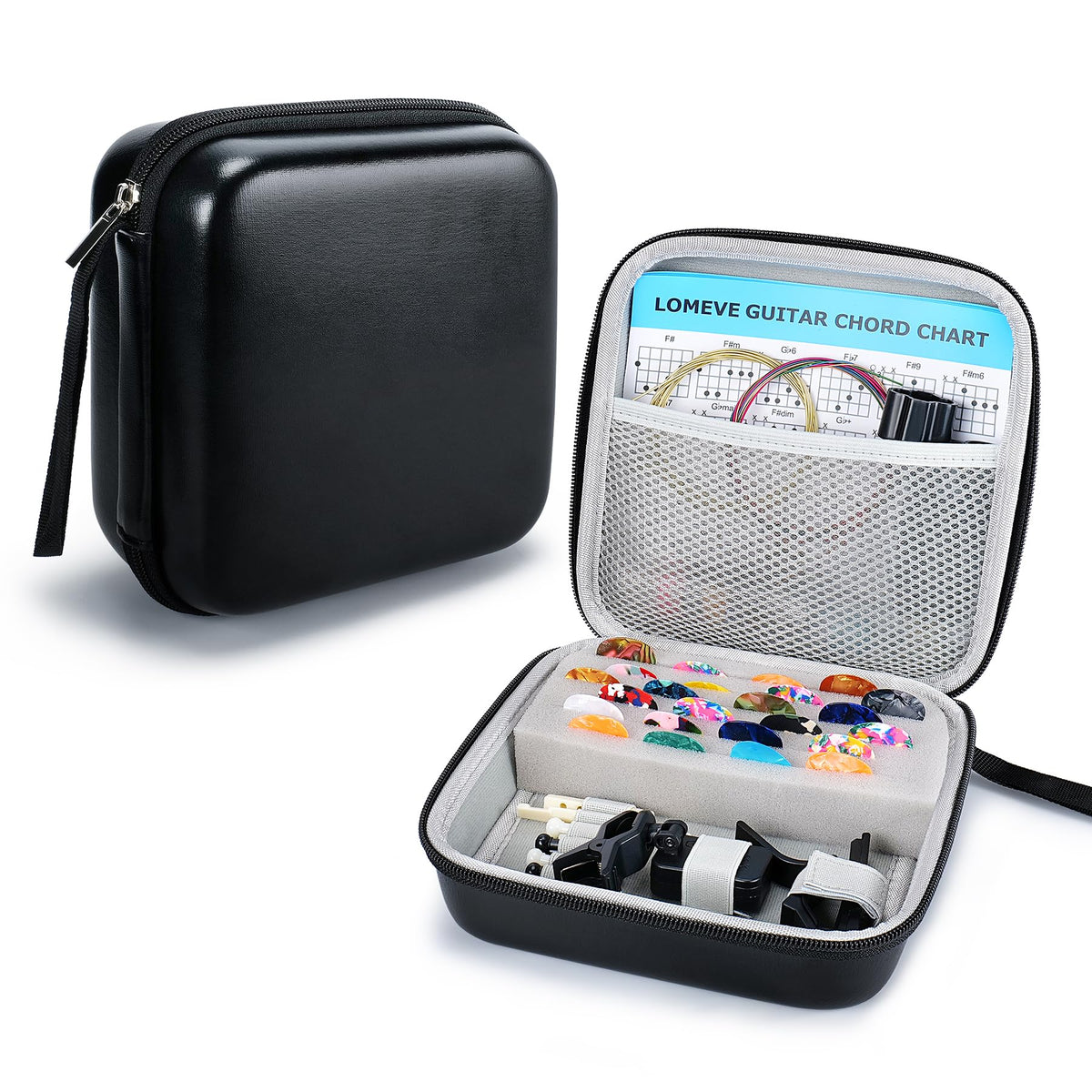 LOMEVE 85PCS Guitar Accessories Kit Holder Case Include Acoustic Strings, Tuner, Capo, 3-in-1 Restring Tool, Picks, Pick Holder, Bridge Pins, Nuts & Saddles, Finger Protector, Chord Chart