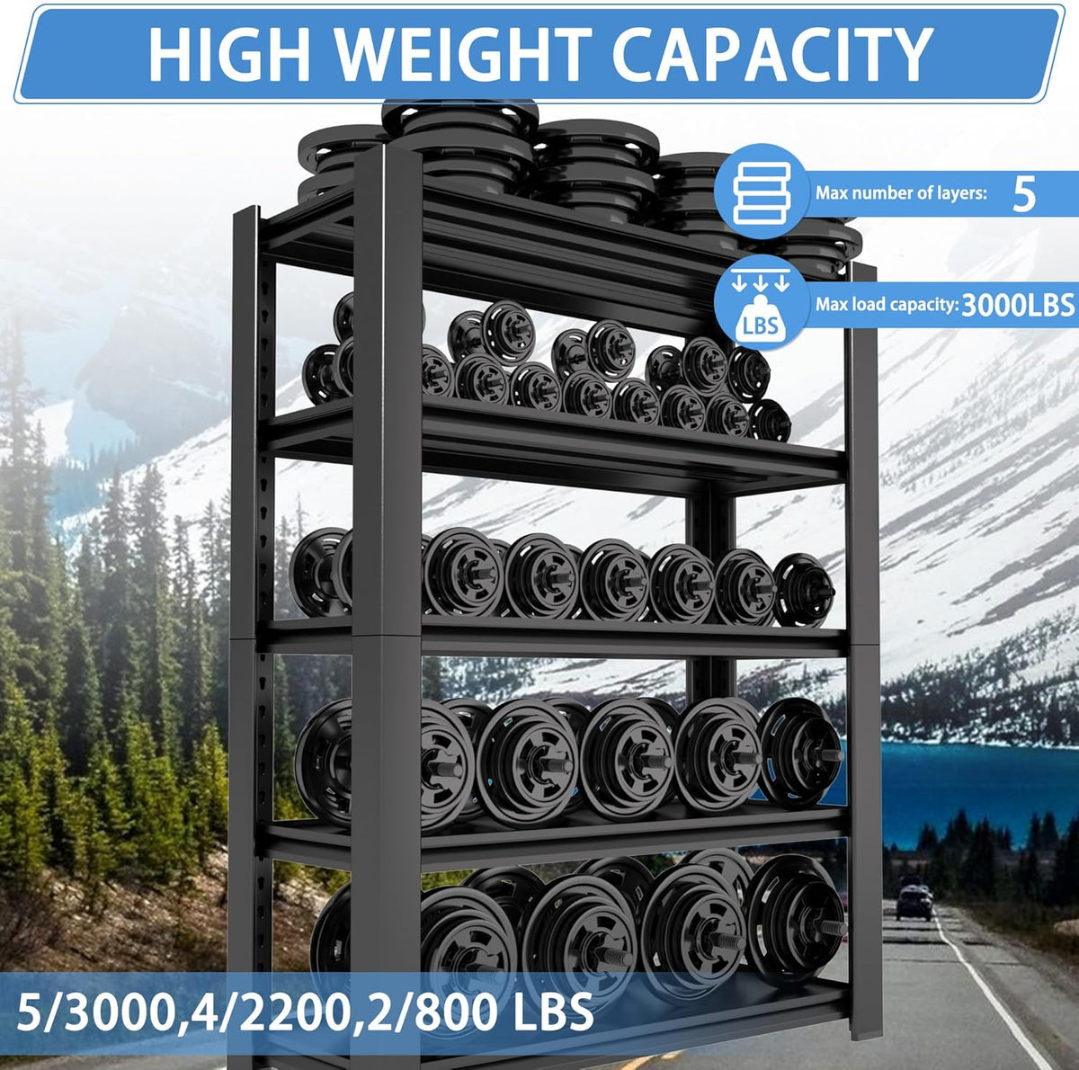 5-Tier Heavy Duty Garage Shelving Unit, 3000 LBS Capacity Metal Storage Rack 72" H x 48" W x 20" D, Adjustable Steel Shelves for Garage, Warehouse, Basement, Pantry, Workshop.1 Pack