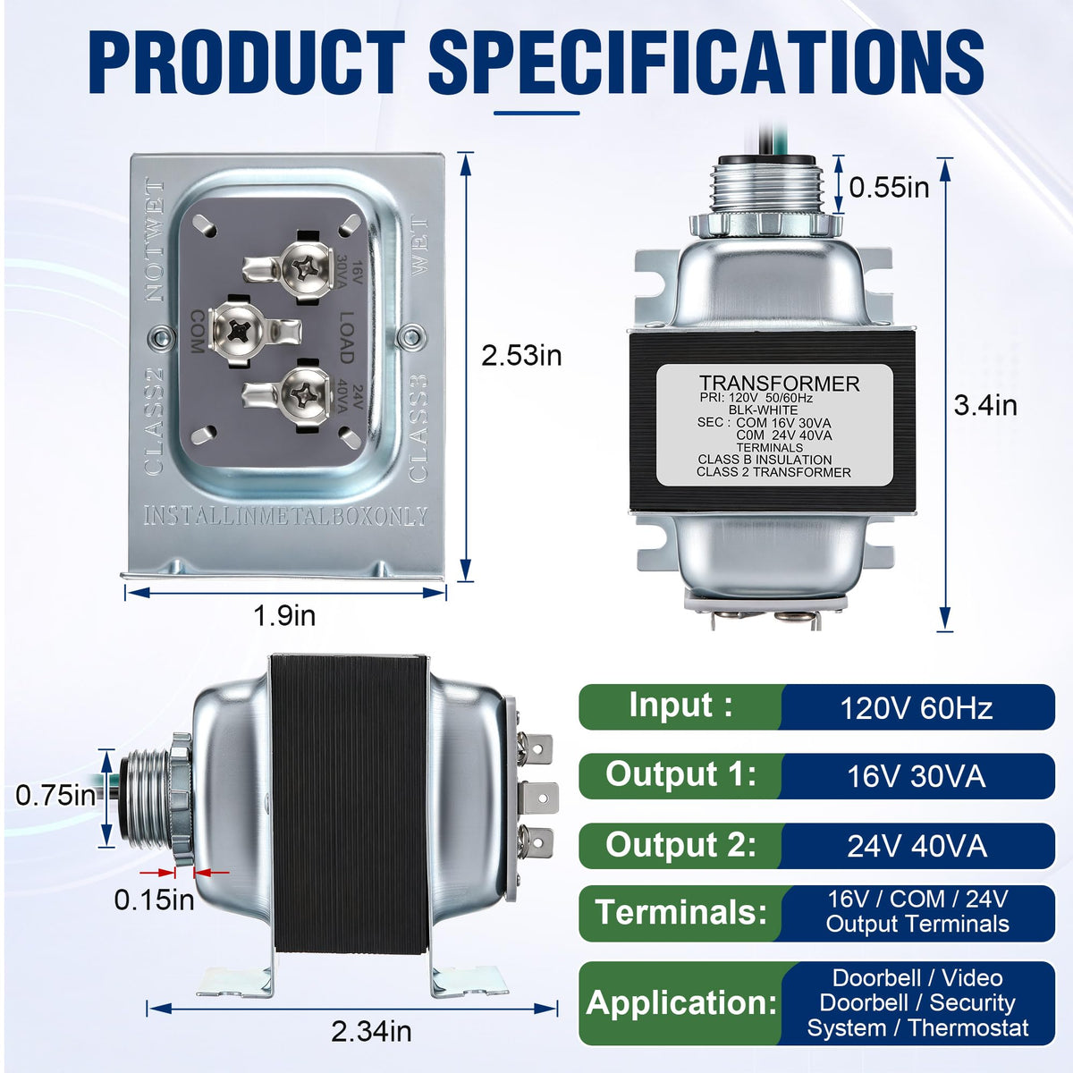Dual-Volt 16V 30VA and 24V 40VA Doorbell Transformer for Wired Doorbells