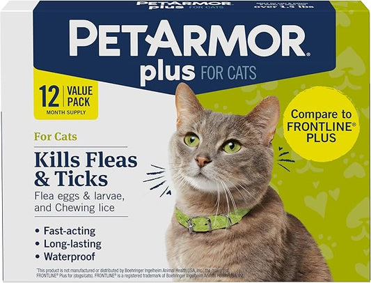 PetArmor Plus Flea and Tick Prevention for Cats, Cat Flea and Tick Treatment, 12 Doses, Waterproof Topical, Fast Acting, Cats Over 1.5 lbs
