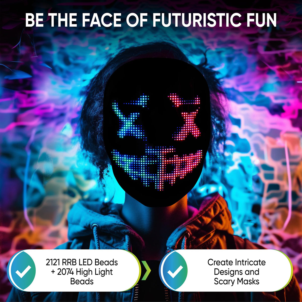 Pixel Stackers Face Transforming LED Mask App-Controlled Light Up Cosplay Mask with 115+ Animated Faces, Customizable LED Patterns, Rechargeable Battery Rave, Festival, Halloween, DJ Accessory