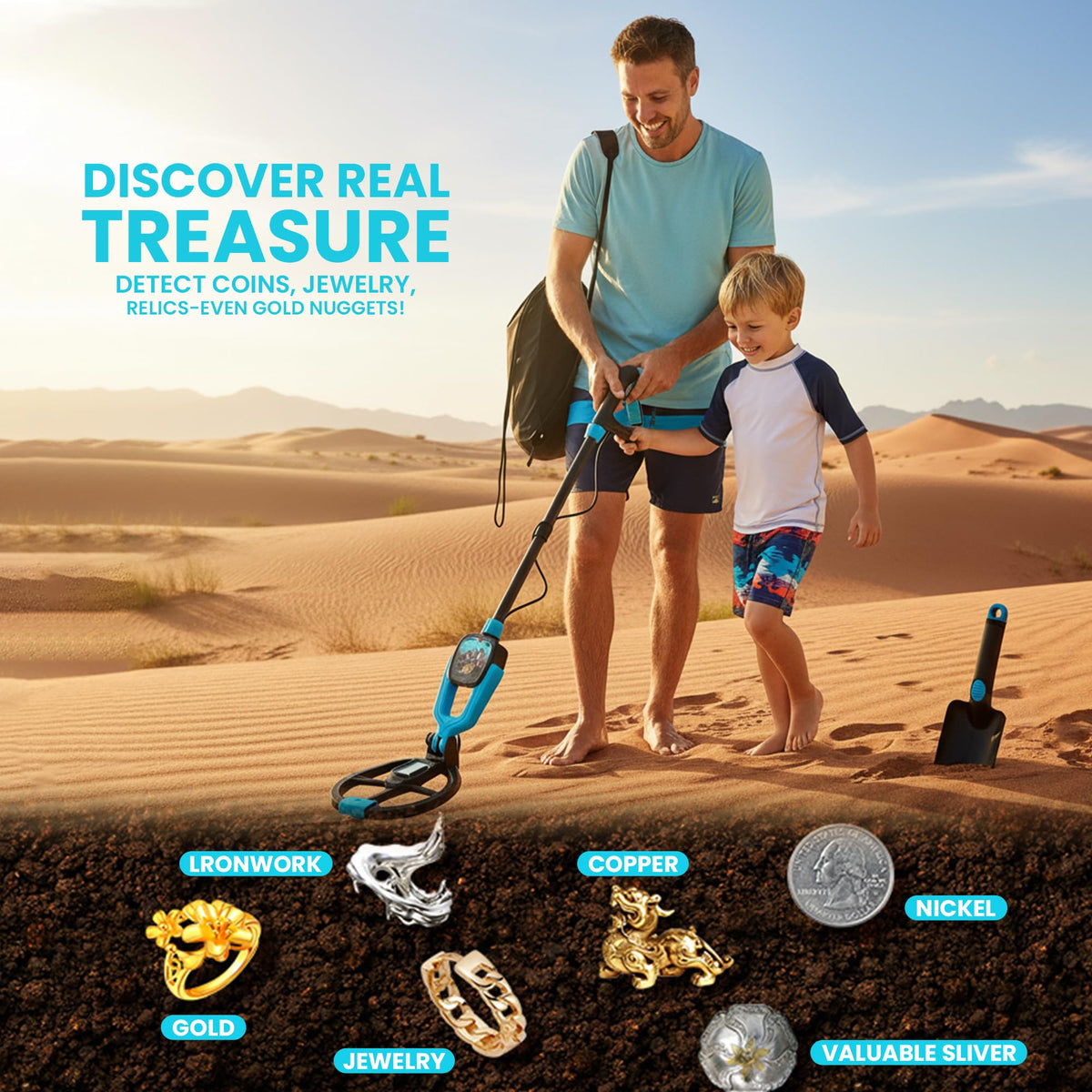 RIPTIC Metal Detector for Kids – Lightweight Kids Metal Detector with Adjustable Stem, LED Depth Display, Waterproof Search Coil, Shovel, Rake & Carry Bag – Outdoor Treasure Hunting Kit
