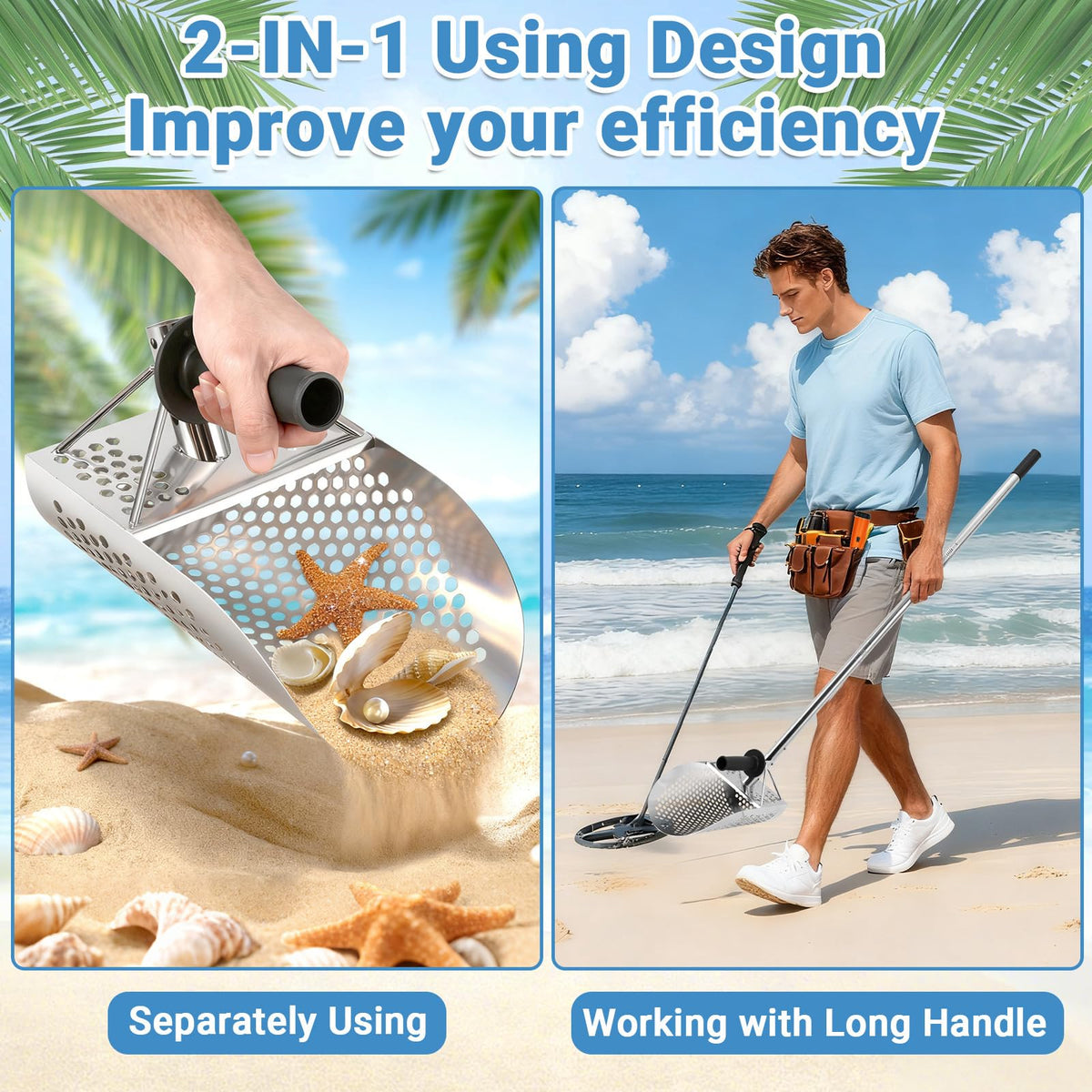 Fuairmee Sand Scoop for Metal Detecting with Handle&Metal Detector Pinpointer, Stainless Steel Detector Accessories, Metal Detector Scoop, Metal Detector Accessoriesfor Beach, Seaside Treasure Hunting