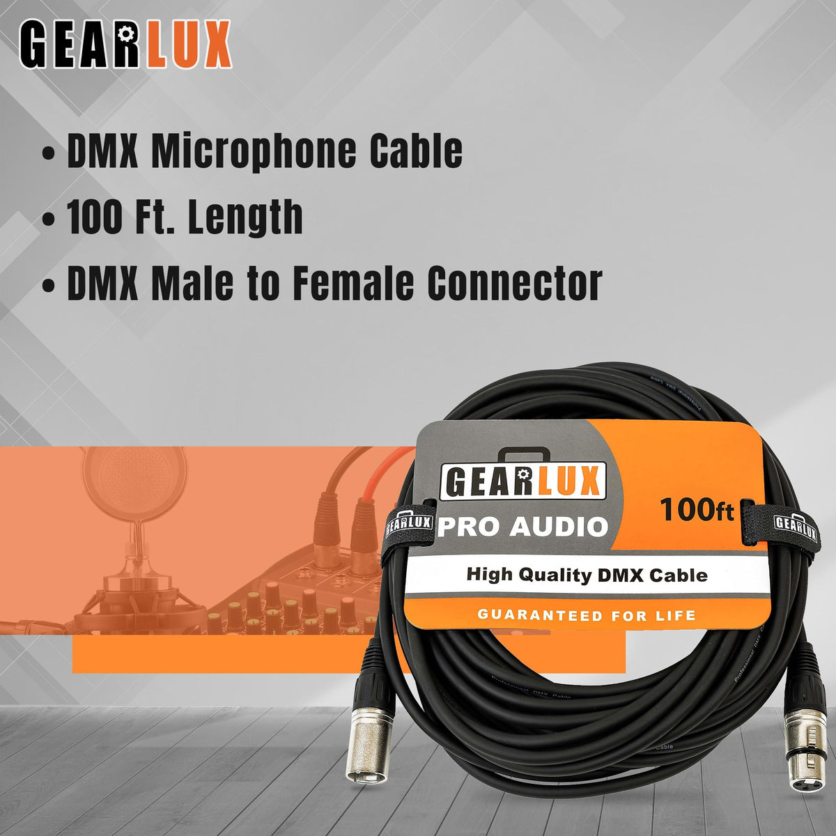 Gearlux DMX Cable, 3 Pin, Male to Female, 100 Feet - 2 Pack