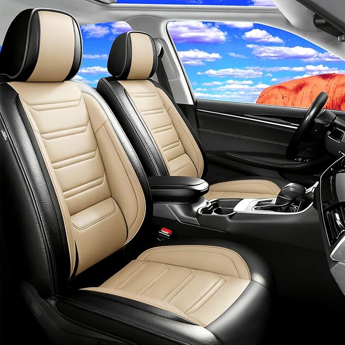 Fit CRV Car Seat Covers for Select Honda CR-V 2011-2026 - Premium Full Coverage Leather, Airbag Compatible, Waterproof & All Weather Seat Protector, Airbag Compatible, Front Pair Black+Beige