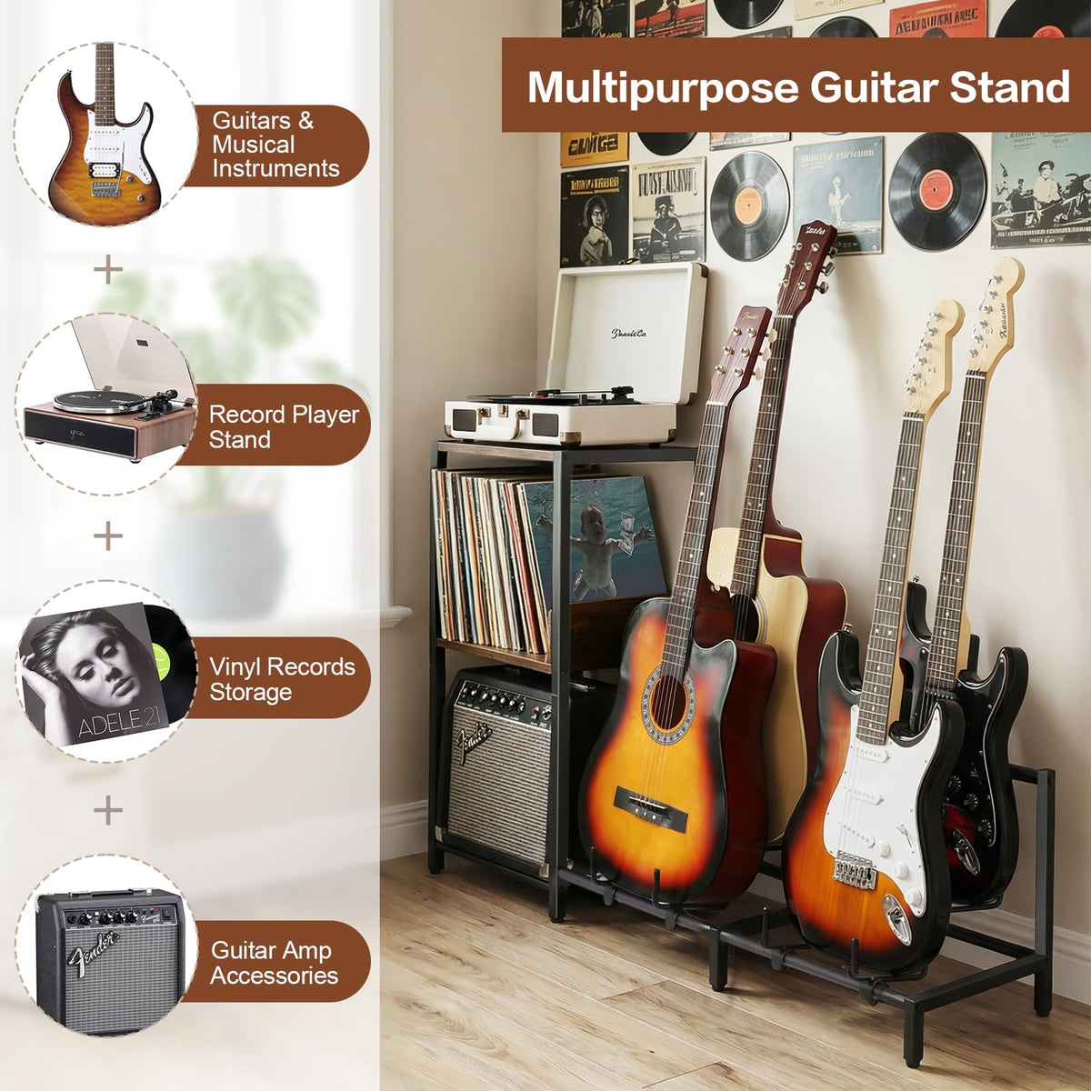 Bikoney Guitar Stand Floor for Multiple Guitars with Amp Stand