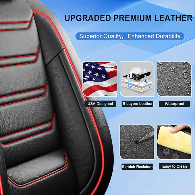 Fit Accord Car Seat Covers for Select Honda Accord 2012-2026 - Premium Full Coverage Leather, Airbag Compatible, Waterproof & All Weather Seat Cushion Protector, Full Set, Black with Red Trim