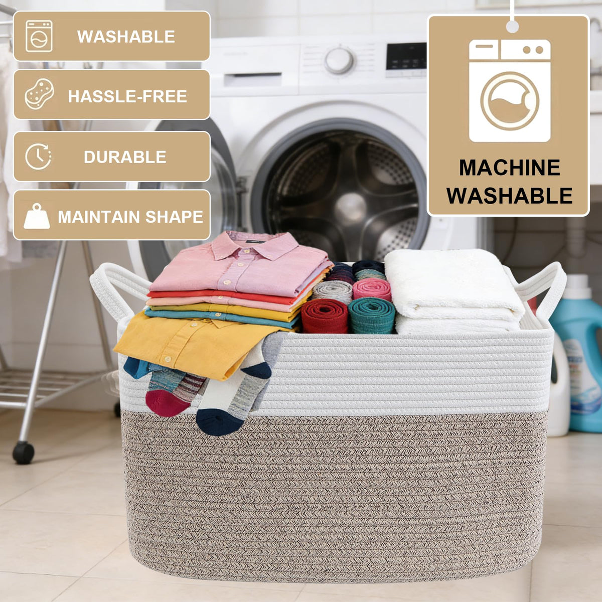 HZFTJOY 65L Laundry Basket with Handles, Woven Blanket Basket, White/Brown