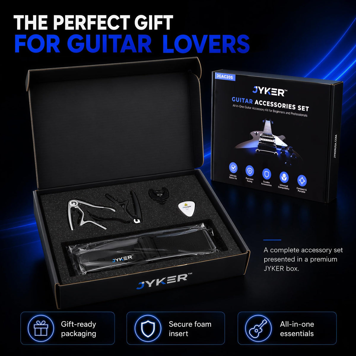 JYKER Guitar Accessories Kit - Guitar Capo, Guitar Picks, Guitar Strap, Pick Holder, 2-in-1 Pick Tuner for Acoustic, Electric, Bass Guitar & Ukulele, Rosewood