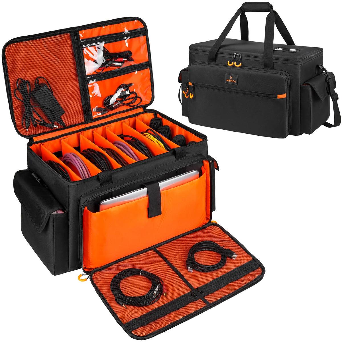 Large DJ Cable Bag with Removable Dividers & Bottom Pad, Multi-Pocket