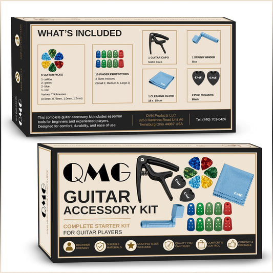 QMG Guitar Accessory Kit for Beginners – Guitar Capo, String Winder, 6 Picks, 10 Finger Protectors, 2 Pick Holders & Cleaning Cloth – Complete Starter Bundle for Acoustic & Electric Guitar Players